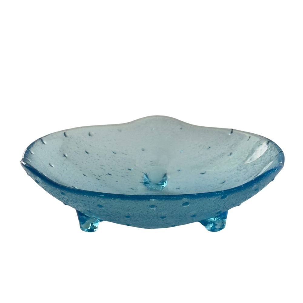 Blue Slumped Glass Tripod Bowl Unbranded Decorative Dish 8.5in Wavy Textured Art